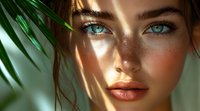 Close up portrait of young woman with bright blue eyes, freckles and natural makeup under palm leaves in sunlight with shadows on face. Sensual beauty concept.