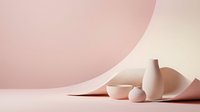 Minimalist pink ceramic vases and spheres arranged on pastel background with geometric shapes and soft shadows for modern interior design concepts.
