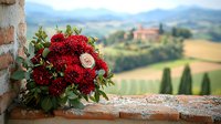 Red roses and carnations bouquet on rustic stone wall overlooking Tuscan countryside with rolling hills, cypress trees and distant villa in soft afternoon light.