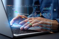 Professional businessman analyzing digital data dashboard with holographic interface displaying charts, graphs and analytics on laptop computer.