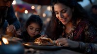 Young South Asian mother and daughter sharing meal at outdoor restaurant with warm ambient lighting and festive atmosphere during evening celebration.