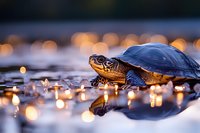 Painted turtle swimming in shallow water at dusk, reflected in surface with glowing bokeh lights creating magical nature atmosphere. Wildlife photography.