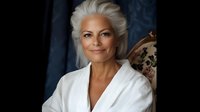 Elegant mature woman with silver hair wearing white bathrobe relaxing in luxurious interior setting, radiating confidence and natural beauty. Professional lifestyle portrait.