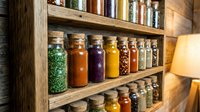 Rustic wooden spice rack with glass jars filled with colorful herbs and spices on kitchen shelves for culinary cooking and food preparation storage.