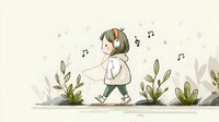 Young girl with headphones walking among plants and musical notes, simple line art illustration in soft green and beige tones on light background.