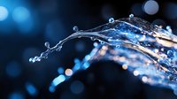 Water stream with droplets splashing against dark blue bokeh background, suitable for environmental, technology, and wellness design projects.
