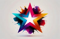 Colorful 3D star shape with vibrant rainbow segments and white center against abstract watercolor splash background, perfect for logo design, awards or celebration themes.