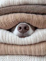 Cute dog nose peeking through stack of cozy knitted sweaters in neutral tones. Warm winter clothing concept for pet care and seasonal comfort.