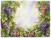 Grapevines with clusters of purple, pink, and white grapes frame a soft watercolor background, creating an elegant border design suitable for invitations, labels, and decorative projects.