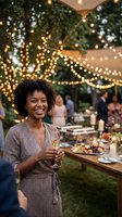Happy African American woman enjoying champagne at elegant outdoor dinner party with string lights and festive atmosphere for celebrations.