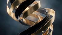 Abstract golden and black metallic ribbons twisted in dynamic spiral formation creating elegant flowing sculpture against dark gradient background.