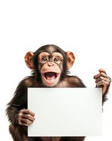 Young chimpanzee with excited expression holding blank white board on isolated background, ready for advertising or promotional message placement.