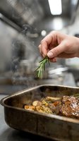 Chef's hand adding fresh rosemary to sizzling meat and vegetables in cast iron pan during professional kitchen cooking preparation.
