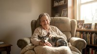 Senior Caucasian woman relaxing in comfortable armchair with tabby cat at home, enjoying peaceful retirement lifestyle in cozy living room setting.
