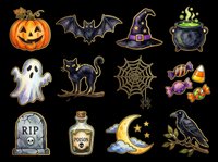 Watercolor Halloween clipart set with pumpkin, bat, witch hat, cauldron, ghost, black cat, spiderweb, candy, gravestone, poison bottle, moon, and raven, isolated for design use.