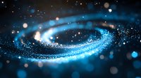 Glowing blue spiral of magical particles and light trails against dark background creates mesmerizing cosmic effect with bokeh and sparkles.
