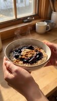 Unrecognizable person holding bowl of oatmeal porridge topped with berries by window, steaming mug nearby, cozy breakfast scene for food and lifestyle content.