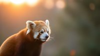 Adorable red panda with fluffy orange fur and white markings gazing peacefully in warm golden sunlight with soft bokeh background for wildlife content.