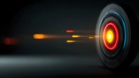 Futuristic digital target with glowing red center and motion blur effects on dark background for technology and precision concepts.