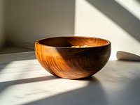 Handcrafted wooden bowl with rich grain pattern on marble surface in natural sunlight and shadows, minimalist composition for kitchen and dining decor.