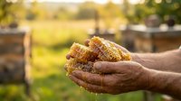Farmer hands holding harvested corn cobs in agricultural field during golden hour sunlight, showcasing rural farming and crop production.