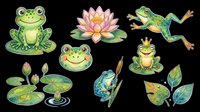 Amphibian and aquatic plant clipart collection featuring isolated green frogs, colorful tree frog, pink lotus flower, lily pads, and foliage elements on transparent background. Ready for t-shirt designs, stickers, print-on-demand products, and sublimation projects.