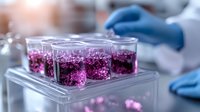 Purple liquid samples in laboratory test tubes on transparent holder, scientific research experiment with gloved hands in background, medical testing concept.