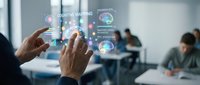 Businessman gesturing at digital marketing analytics interface with charts and data visualization in modern office environment with colleagues working in background.