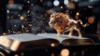 Magical open book with glowing particles and lion spirit emerging from pages in dark setting with bokeh lights, creating mystical reading atmosphere.