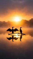 Silhouetted cormorants perched on a log at sunrise over misty water, wings spread in dramatic backlit composition. Wildlife and nature photography.