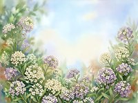 Watercolor spring meadow with blooming alyssum flowers in soft pastel colors creating dreamy botanical border frame for greeting cards and invitations.