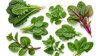 Fresh assorted leafy greens including spinach, lettuce, and chard isolated on white background, ready for culinary, nutritional, and healthy eating design projects.