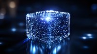 Glowing blue ice cube with magical sparkles and light effects on dark background, creating mystical atmosphere with reflective surface and bokeh elements.