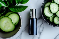 Fresh cucumber slices in ceramic bowls with dark glass cosmetic bottle on marble background, green leaves. Natural skincare and spa concept.