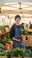 Young Caucasian male farmer vendor smiling while holding fresh beetroot bunch at outdoor farmers market stand with organic vegetables under tent canopy.