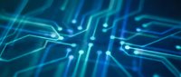 Circuit board pathways with glowing blue light nodes and connecting lines representing digital network, data flow, technology infrastructure, and electronic communication systems.