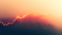 Glowing orange line graph showing market growth trend against dark background with soft bokeh effect and gradient sunset colors. Suitable for financial presentations.