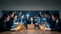 Business team analyzing holographic data projections in modern conference room with digital technology interface for corporate strategy meeting.