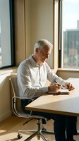 Senior man with gray hair, Caucasian ethnicity, wearing white button-up shirt and dark pants, writing in notebook at desk by window in modern office with city skyline view.