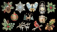 Festive holiday collection featuring isolated pine cones, snowflakes, mittens, lanterns, ornaments, reindeer, cardinal bird, and evergreen sprigs on transparent background. Ready for t-shirts, stickers, clipart, and print-on-demand designs.