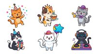 Cartoon cats and kittens wearing party hats and celebrating with gifts, balloons, and festive decorations. Isolated characters on white background for design use.