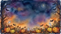 Watercolor Halloween border frame with jack-o-lanterns, ghosts, bats, and spooky trees under a moonlit night sky. Great for cards and posters.