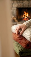 Child's hand resting on stack of cozy knit sweaters with fireplace and warm fire glowing in background, conveying comfort, warmth and hygge lifestyle for home and family concepts.
