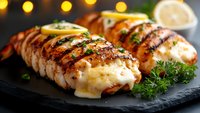 Grilled chicken breast with lemon and herbs served on black stone plate, garnished with fresh parsley and citrus slices, golden bokeh lights background.