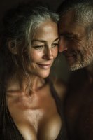 Intimate mature couple sharing tender moment with warm lighting. Senior man and woman embracing showing love and connection in golden hour atmosphere.