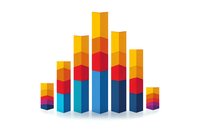 Colorful 3D bar chart showing business growth statistics with gradient columns in blue, red, and yellow colors. Perfect for financial presentations and data visualization.