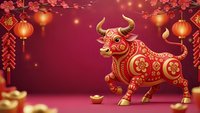 Chinese New Year ox bull zodiac animal with traditional red gold decorations lanterns firecrackers coins celebrating lunar festival prosperity fortune.