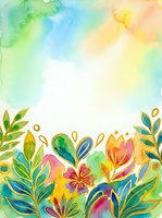 Watercolor floral border with vibrant flowers and foliage on white background, featuring green leaves, colorful blooms, and gold accents for greeting cards and invitations.