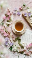 Elegant tea cup with sweet pea flowers and vintage letter on soft pink textured background for romantic morning ritual and feminine lifestyle content.