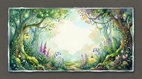 Enchanted forest frame with lush green foliage, ferns and magical plants creating natural border. Fantasy woodland scene for fairy tale designs and nature themes.
